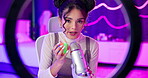 Woman, portrait and ring light with microphone with soft ball in smile on podcast or live streaming in home. Girl, gen z and influencer for therapy, anxiety and sleep sound for insomnia in neon color