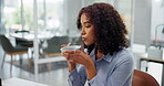 Thinking, woman and corporate business with coffee and idea in office for research or plan. Female person, project and contemplating proposal with beverage for collaboration and growth in workplace 