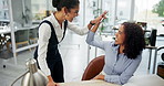 Woman, hand and high five for teamwork in workplace, employee and celebration or goal for company target or laptop. Workplace, online review and collaboration support, achievement and happy people