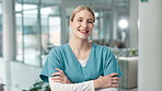 Woman doctor, smile and confident in portrait for medical, medicare or healthcare in clinic. Female person, specialist or happy in office for pride, positive or friendly in hospital with professional