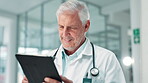 Healthcare, mature doctor or man with tablet for reading, medical research or results. Connection, online consultation or male surgeon with digital for diagnosis, treatment or telehealth in hospital