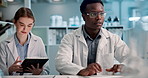 People, scientist and tablet with computer for research, development or new discovery at laboratory. Young man and woman working on technology for online results, examination or test findings at lab