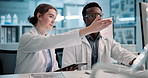 Science, man and woman in laboratory with tablet for test results, online study and medical teamwork. Digital app, scientist and lab technician at computer in collaboration on pharmaceutical research