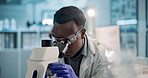 Science, laboratory and black man with microscope for research, medical analysis and vaccine development. Healthcare, pharmaceutical and scientist with equipment for study, experiment and sample