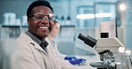 Black man, scientist and forensic with microscope for research, new discovery or examination at laboratory. Portrait of young African, male person or biologist with smile for science or test at lab