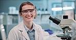 Science, laboratory and face of woman with microscope for research, analysis and vaccine development. Healthcare, med student and portrait of scientist with equipment for study, experiment and sample