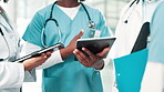 Nurse, doctor and hands for teamwork on tablet with hospital or healthcare planning, meeting or workflow. Medical group of people talking of results or solution for clinic trial with digital tech