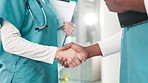 Nurse, people and shaking hands for healthcare introduction, support and welcome to residency. Medical worker with handshake for teamwork, hello and onboarding for clinic trial or hospital interview