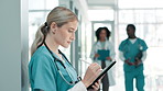 Tablet, nurse and woman research for telehealth, planning and reading email on internet. Digital technology, pen and medical professional on report for healthcare results or wellness info in clinic