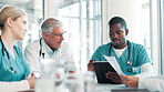 Tablet, medical and team planning for brainstorming ideas, meeting and training nurses in hospital. Group, doctors and people in discussion on tech for healthcare project, research and collaboration