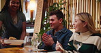Food, serving and waitress with couple in restaurant with culinary Asian cuisine for date. Happy, clapping hands and worker in hospitality service helping people with gourmet dish for lunch at diner.
