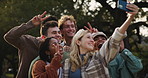 Happy people, students and nature with selfie for photography, memory or outdoor moment. Group of young friends with smile, emoji or peace sign for picture, capture or get together at park or forest