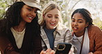 Happy woman, friends and reading with phone in nature for social media, online browsing or chatting. Female person, group or students smile on mobile smartphone for texting or news at outdoor park