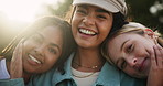 Outdoor portrait, women and friends with laughing for love relationship and care for support. Gen z girls, touching face and bonding together in nature park for happy reunion with smile and peace