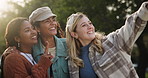 Happy woman, friends and nature with peace sign for selfie, photography or memory together at outdoor park. Young female person or group of students with smile or emoji for picture or moment outside