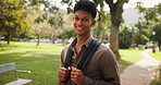 University, face and happy man with backpack at campus park for education, learning or future career goal outdoor. College, scholarship or portrait of gen z male student outside for study opportunity