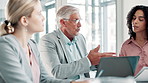 Accounting, meeting or business people with laptop or mentor for research, teamwork or economic news. Sales coaching, manager or financial advisors talking in conversation for solution or paperwork
