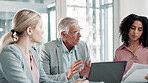 Accounting, meeting or business people with laptop or boss for research, teamwork or economic news. Coaching, mature manager or financial advisors talking in conversation for solution or paperwork