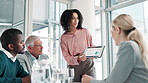 Business woman, tablet and coaching with team in meeting for corporate growth, finance or revenue at office. Female person or employee talking to group for company profit, proposal or collaboration