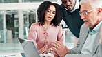 Business people, collaboration and meeting with laptop for corporate strategy, proposal or ideas at office. Group of employees in team discussion with computer for planning or brainstorming together