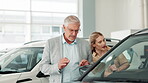 Woman, car and dealership talking with salesman, showroom and rental conversation for purchase or test drive. Explaining, features and model or price information, motor vehicle and customer browsing