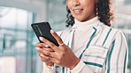 Hands, phone and woman in office typing email for communication, networking or connectivity. Technology, online and female designer scroll on social media, mobile app or internet with cellphone.