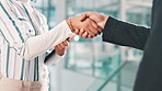 Shaking hands, deal and business people in office with agreement, partnership or company merger. Welcome, greeting and hr with hiring candidate for onboarding or recruitment handshake in workplace.