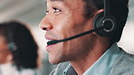 Headset, customer service and man consultant in office with crm communication for online. Contact us, call center and male technical support, telemarketing or sales agent working on hotline.