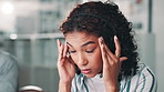 Frustrated woman, agent and headache with headphones at call center for mistake, strain or anxiety at office. Female person or consultant with stress, debt or financial crisis in customer service