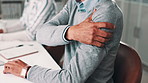 Businessman, arm pain and injury with strain in stress, joint ache or inflammation at office. Closeup of man or employee with sore shoulder, arthritis or muscle tension from broken bone at workplace