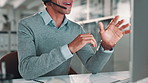 Businessman, hands and consultant with mic at call center for customer service, support or telemarketing at office. Closeup of man, agent or employee talking on computer for online advice or help