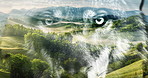 Wolf, double exposure and nature with wildlife in forest with clouds, fog or mountains for conservation. Woods, predator and animal for sustainability, habitat or landscape with trees in environment