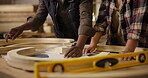 Wood, creative and carpenter planning design in workshop for furniture, manufacturing and drawing with tools. Production, measuring and sketching in factory for project, startup or craft in warehouse