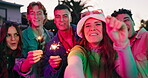 Sparklers, face or happy people in selfie to celebrate with lights, party or pictures in night on new years. Photo, group or excited friends in urban city together with smile, fun fireworks or glow