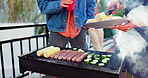 Grill, food and bbq dinner for party, meat and outdoor backyard cooking. Flames, sausage and smoke for barbecue, bonding and relax cooking with traditional American culture for Independence day