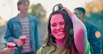 Face, disco ball and girl at party, dance and smile with happiness, celebration and excited. Portrait, person and woman with movement, energy and cheerful with weekend break, social gathering and joy