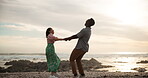 Couple, happy and spinning with love on beach for freedom on romantic holiday, travel and bonding in Australia. Man, woman and holding hands on vacation by ocean or sea, outdoor and fun on getaway.