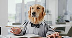 Office, business and dog thinking with pen for writing ideas, vision and strategy on diary or notebook. Comic, mimic and  animal or pet in suit at workplace for report, planning and proposal in desk 