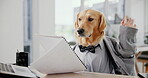 Phone call, cellphone and dog in office with hands, contract and pet insurance agent. Technology, frustrated and Golden Retriever or corporate employee, humor and workplace for customer support