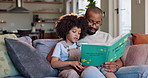 Home, father on sofa and boy reading book, love and storytelling with novel, chilling and bonding together. Happy family, single parent and dad with kid, son or childhood development with knowledge