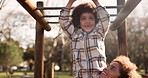 Mom, child and playing with monkey bars at park for fun bonding, outdoor holiday or weekend in nature. Happy little boy or kid with mother in joy or happiness for hanging in playground at forest