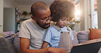 Father, son and elearning with laptop, teaching and man with boy for education, online and living room. Home, dad and kid with computer, knowledge and growth with development for child in house