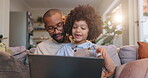 Video call, father and child in lounge, laptop and greeting with wave, smile and happiness for contact. Home, dad and son with computer, communication and talking with joy in living room and couch