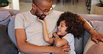 Black family, love and bonding of father with son sitting on sofa with smile. Happiness, affection and child playing with single dad in home lounge childhood, embrace and relax together on couch