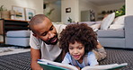 House, father on carpet and boy reading book, novel and storytelling with love, happiness and bonding together. Family, parent and dad with kid, son or childhood development with learning or relax