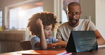 Child, dad and family watch on tablet for fun online learning, dance and educational music at home. African man or father with son or kid on digital technology for audio streaming with virtual school