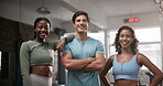 Gym, face and friends with confidence for fitness, exercise and teamwork with support for workout. Happy people, man and women for collaboration in training center for wellness, health and bonding