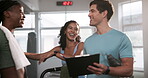 Instructor, women and clipboard with talking in gym for support, sign up and funny planning of exercise with info. Personal trainer, laughing and people for workout, checklist and recruitment coach