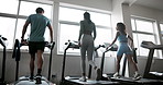 People, runners and fitness with treadmill at gym for workout, training or cardio exercise. Group of athletes or friends walking on running machine for wellness or weight loss at health club together