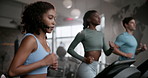People, fitness and runners with treadmill for cardio exercise, workout or training together at gym. Group of athletes walking or running on machine for wellness or weight loss at indoor health club